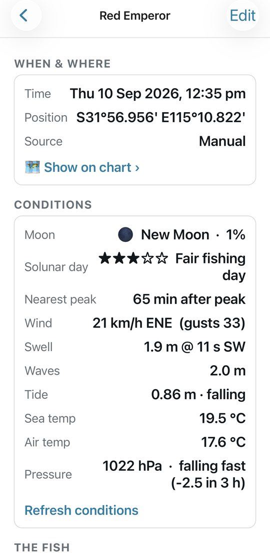 A catch card with tide, wind, swell, moon and pressure recorded