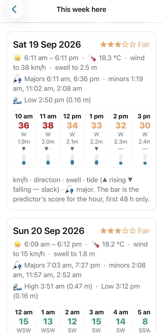 The week ahead — wind, swell, tides and bite times